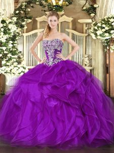 Dazzling Purple Sleeveless Organza Lace Up 15th Birthday Dress for Military Ball and Sweet 16 and Quinceanera