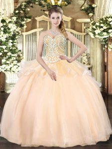 Pretty Champagne Lace Up Sweetheart Beading 15 Quinceanera Dress Organza Sleeveless