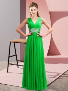 Elegant Green Chiffon Side Zipper V-neck Sleeveless Floor Length Prom Dress Beading and Ruching