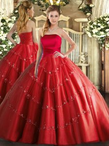 Chic Red Tulle Lace Up Strapless Sleeveless Floor Length Sweet 16 Dresses Appliques
