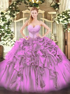 Lilac Lace Up Ball Gown Prom Dress Beading and Ruffles Sleeveless Floor Length