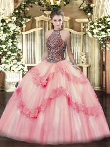 Most Popular Halter Top Sleeveless 15 Quinceanera Dress Floor Length Beading and Appliques Pink Tulle