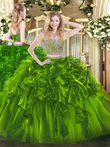 Inexpensive Olive Green Sleeveless Floor Length Beading and Ruffles Lace Up Sweet 16 Quinceanera Dress
