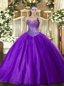 Luxury Eggplant Purple Ball Gowns Tulle Sweetheart Sleeveless Beading Floor Length Lace Up 15 Quinceanera Dress