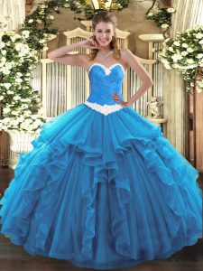 Edgy Sleeveless Organza Floor Length Lace Up Ball Gown Prom Dress in Baby Blue with Appliques and Ruffles