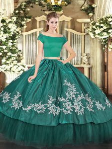 Two Pieces Sweet 16 Quinceanera Dress Teal Off The Shoulder Organza and Taffeta Short Sleeves Floor Length Zipper