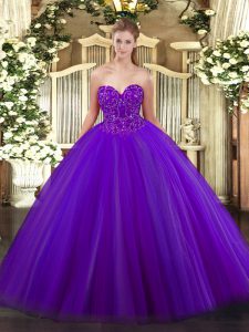 Sleeveless Floor Length Beading Lace Up Quinceanera Gowns with Purple