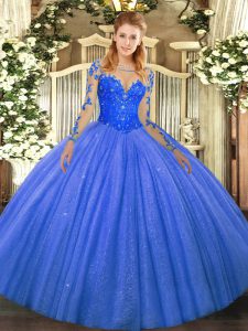 Floor Length Blue Quinceanera Dress Scoop Long Sleeves Lace Up
