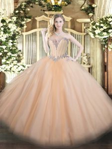 Fine Beading Quinceanera Gowns Peach Lace Up Sleeveless Floor Length