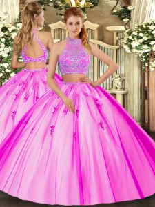 Custom Design Fuchsia Ball Gown Prom Dress Military Ball and Sweet 16 and Quinceanera with Beading Halter Top Sleeveless