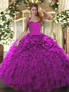 Classical Fuchsia Ball Gowns Ruffles Quinceanera Dresses Lace Up Organza Sleeveless Floor Length