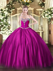 Fuchsia Ball Gowns Sweetheart Sleeveless Satin Floor Length Lace Up Beading Quinceanera Gowns