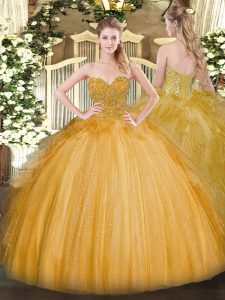 Gold Ball Gowns Tulle Sweetheart Sleeveless Lace Floor Length Lace Up Quinceanera Gown