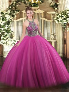 Beauteous Hot Pink Lace Up Halter Top Beading 15 Quinceanera Dress Tulle Sleeveless