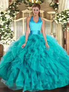 Turquoise Lace Up Quinceanera Gowns Ruffles Sleeveless Floor Length