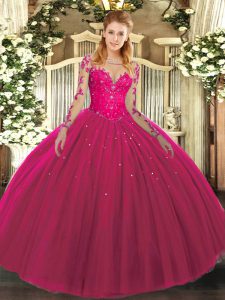 Flare Hot Pink Ball Gowns Scoop Long Sleeves Tulle Floor Length Lace Up Lace Vestidos de Quinceanera
