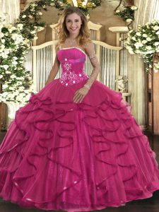 Sophisticated Hot Pink Ball Gowns Tulle Strapless Sleeveless Beading and Ruffles Floor Length Zipper 15th Birthday Dress