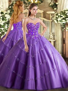 Lavender Lace Up 15th Birthday Dress Appliques and Embroidery Sleeveless Floor Length