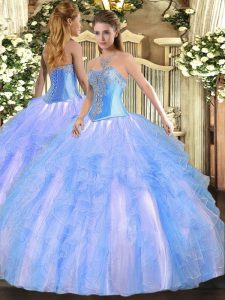 Beading and Ruffles Ball Gown Prom Dress Aqua Blue Lace Up Sleeveless Floor Length