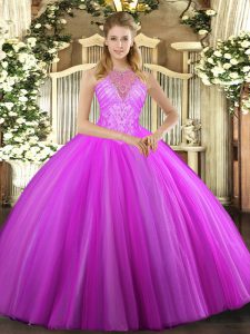 Custom Design Fuchsia Lace Up High-neck Beading Quinceanera Gown Tulle Sleeveless