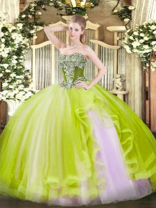 Charming Yellow Green Lace Up Strapless Beading and Ruffles 15 Quinceanera Dress Tulle Sleeveless