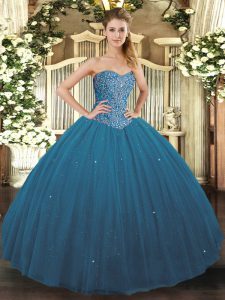 Sweetheart Sleeveless Lace Up Quinceanera Gown Teal Tulle