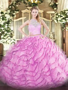 Rose Pink Sleeveless Brush Train Lace and Ruffled Layers 15 Quinceanera Dress