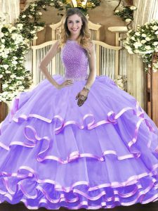Gorgeous Organza High-neck Sleeveless Lace Up Beading and Ruffled Layers Sweet 16 Quinceanera Dress in Lavender