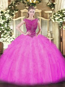 Fine Lilac Scoop Neckline Beading and Ruffles Quince Ball Gowns Sleeveless Zipper
