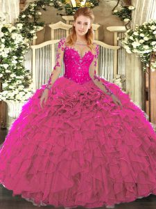 Dazzling Long Sleeves Lace Up Floor Length Lace and Ruffles Quinceanera Dress
