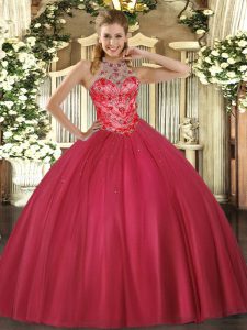 Pretty Coral Red Halter Top Lace Up Beading Ball Gown Prom Dress Sleeveless