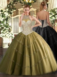 Brown Ball Gowns Halter Top Sleeveless Tulle Floor Length Lace Up Beading and Appliques Quinceanera Gown
