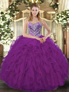 Fuchsia Ball Gowns Sweetheart Sleeveless Tulle Floor Length Lace Up Beading and Ruffled Layers 15 Quinceanera Dress