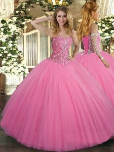 Fancy Sleeveless Tulle Floor Length Lace Up Sweet 16 Dress in Rose Pink with Beading