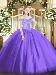 Off The Shoulder Sleeveless Quinceanera Dresses Floor Length Beading Lavender Tulle