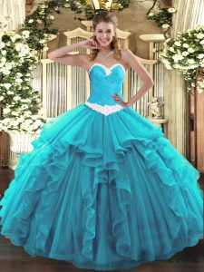 Aqua Blue Sleeveless Organza Lace Up Quince Ball Gowns for Military Ball and Sweet 16 and Quinceanera