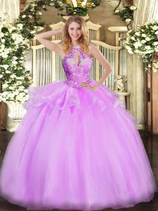 Lilac Organza Lace Up Halter Top Sleeveless Floor Length Quinceanera Dress Beading
