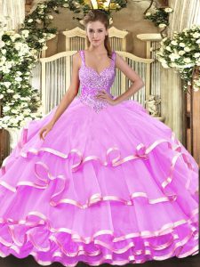 Sleeveless Organza Floor Length Lace Up Vestidos de Quinceanera in Lilac with Beading and Ruffled Layers