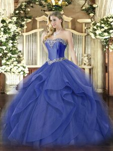 Amazing Blue Sweetheart Lace Up Beading and Ruffles 15th Birthday Dress Sleeveless