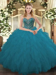 Teal Lace Up Sweetheart Beading and Ruffled Layers Vestidos de Quinceanera Tulle Sleeveless