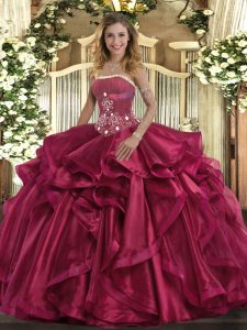 Dazzling Red Sleeveless Organza Lace Up Quinceanera Gown for Military Ball and Sweet 16 and Quinceanera
