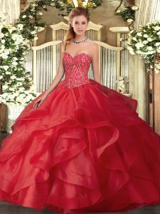 Noble Red Quince Ball Gowns Military Ball and Sweet 16 and Quinceanera with Beading and Ruffles Sweetheart Sleeveless La
