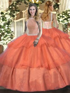 Fashionable Floor Length Orange Red Quinceanera Dresses Tulle Sleeveless Beading and Ruffled Layers