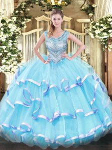 Aqua Blue Ball Gowns Scoop Sleeveless Organza Floor Length Lace Up Beading and Ruffled Layers Quinceanera Gowns