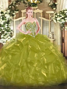 Dramatic Olive Green Ball Gowns Organza Sweetheart Sleeveless Beading and Ruffles Floor Length Lace Up Quince Ball Gowns