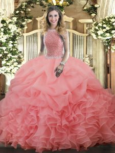 Great Watermelon Red Lace Up Sweet 16 Dresses Beading and Ruffles and Pick Ups Sleeveless Floor Length