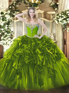 Best Selling Olive Green Sleeveless Floor Length Beading and Ruffles Lace Up 15 Quinceanera Dress