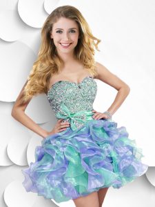 Colorful Multi-color Zipper Homecoming Dress Beading and Ruffles and Bowknot Sleeveless Mini Length