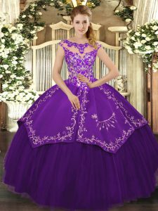 Excellent Purple Cap Sleeves Beading and Embroidery Floor Length Sweet 16 Dresses