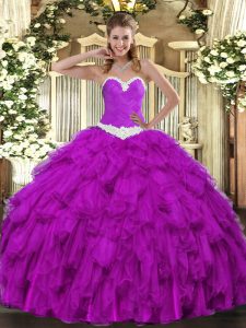 Floor Length Purple Vestidos de Quinceanera Organza Sleeveless Appliques and Ruffles
